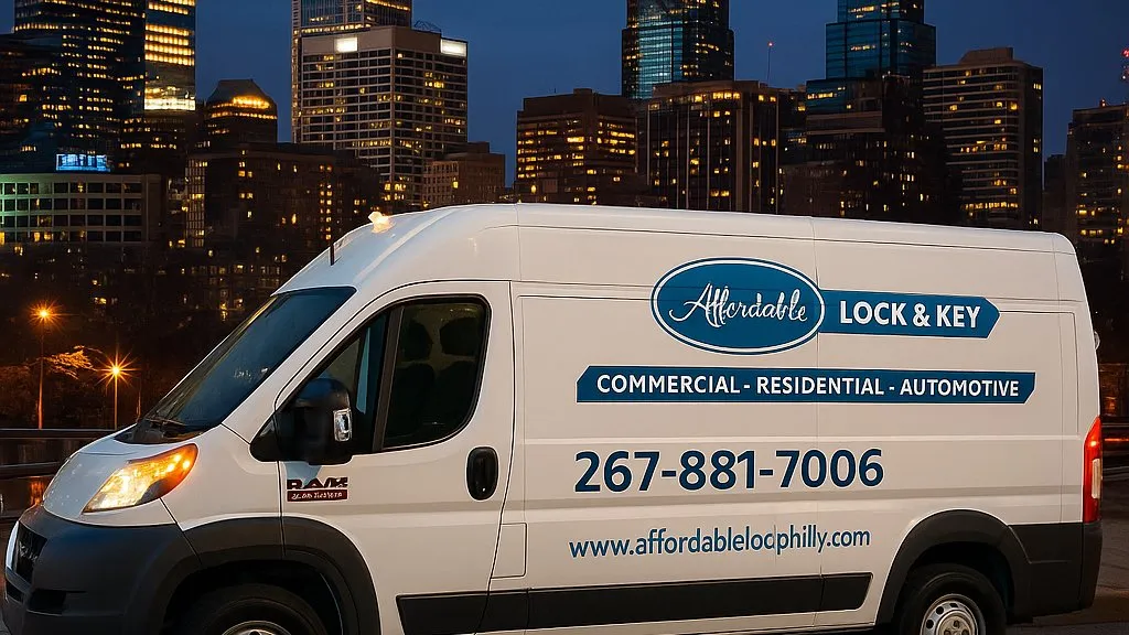 Affordable Lock & Key mobile locksmith van parked at night with the city skyline behind it