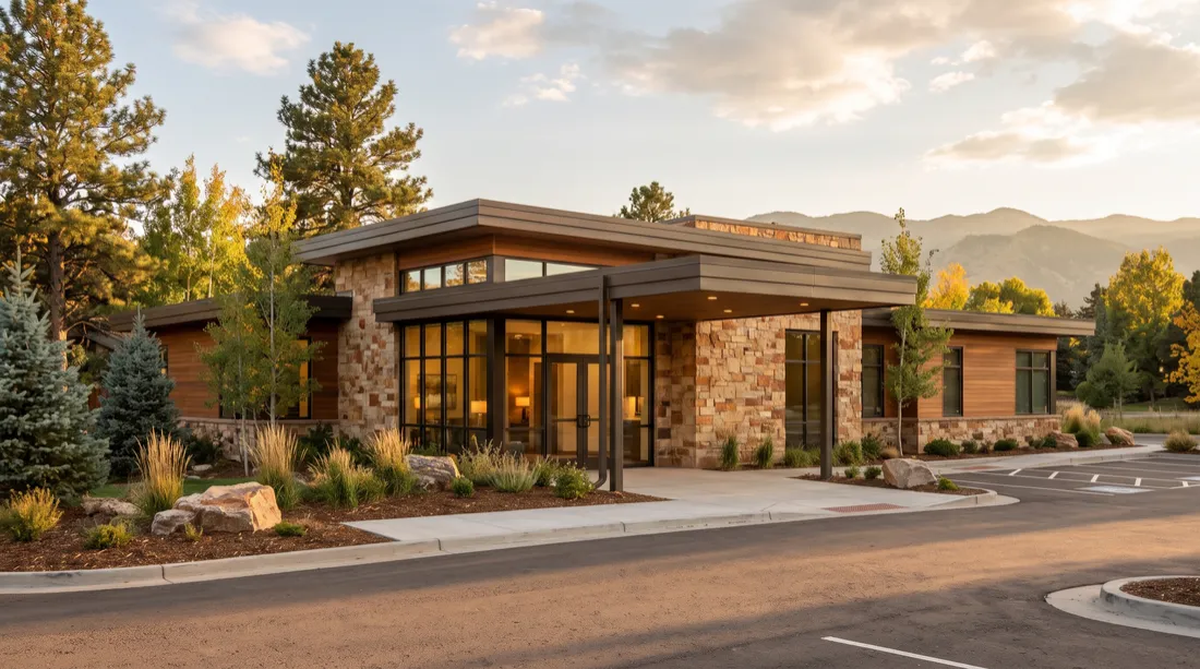 A single-story stone and wood professional office building with the Colorado foothills behind it
