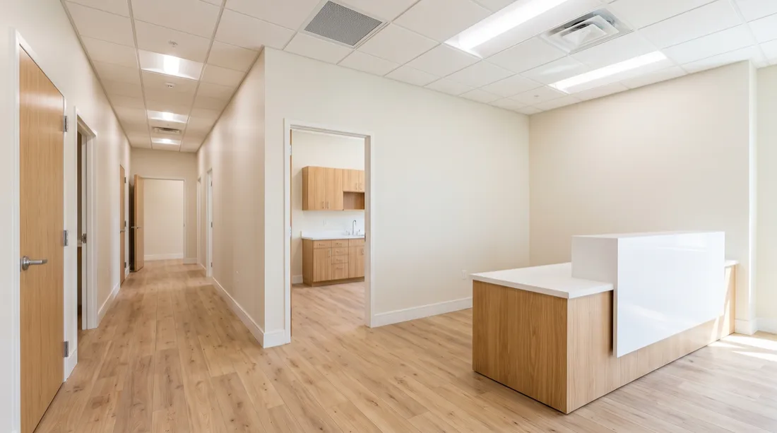 A newly built-out medical office suite with a reception desk and treatment rooms, ready for lease