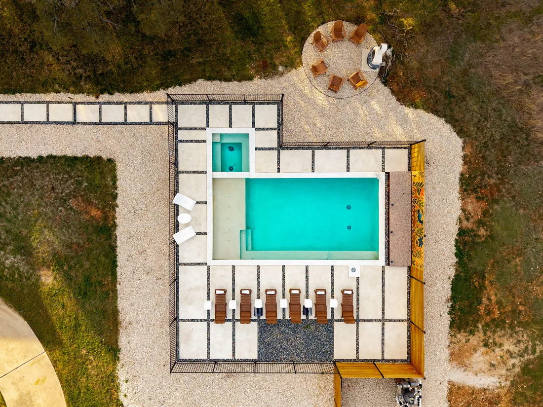 Pool, spa and loungers, aerial