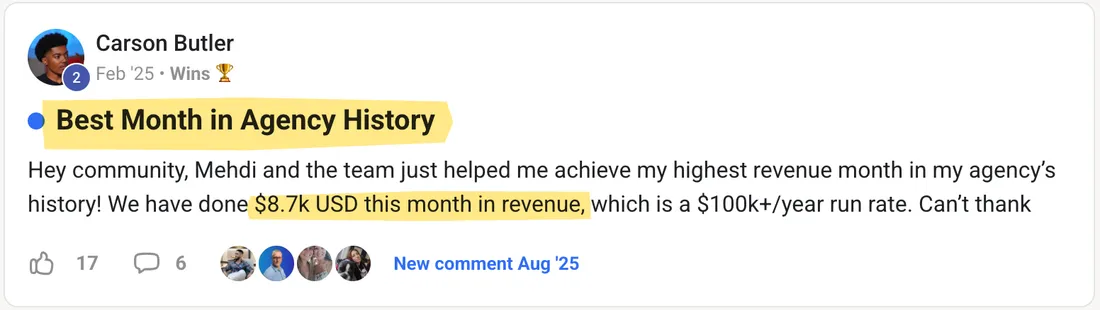 Skool community win. Carson: best month in agency history