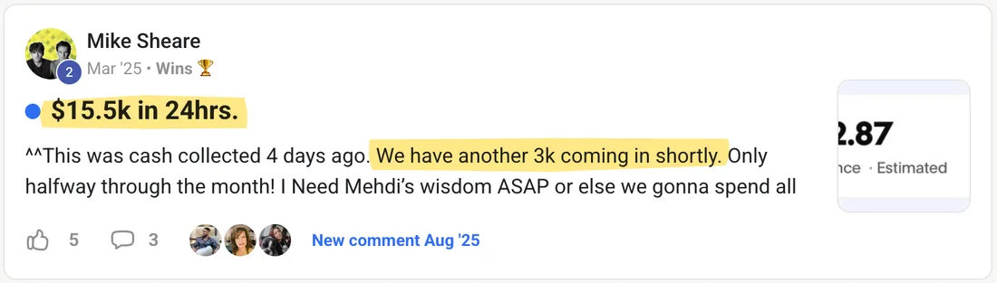 Skool community win. Mike: $15.5K in 24 hours