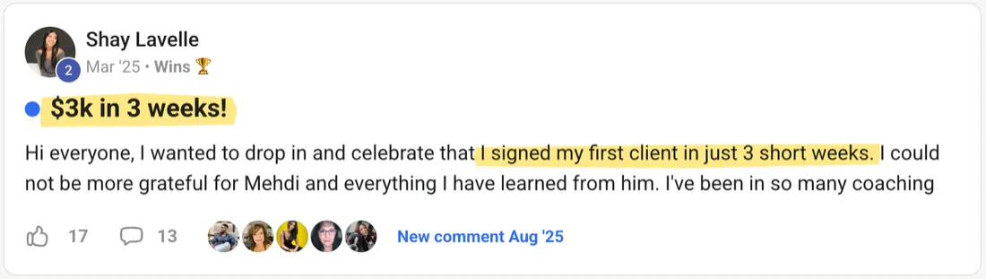 Skool community win. Shay: first client in 3 weeks
