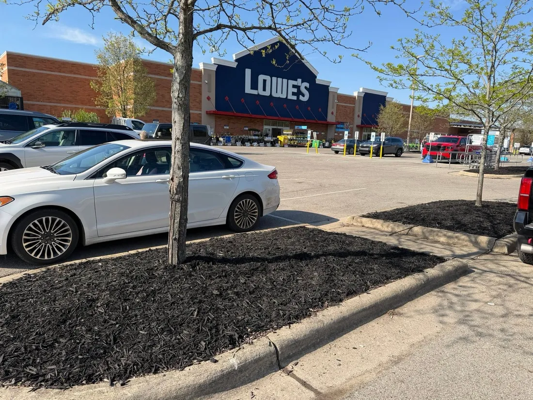 A long commercial bed mulched clean along a storefront