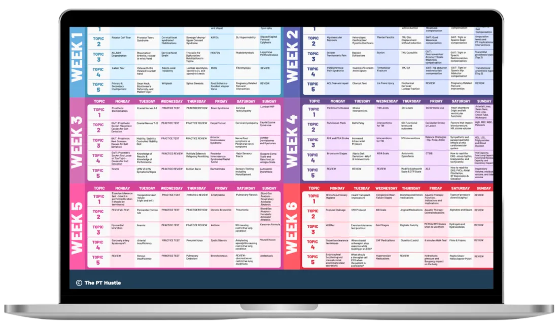A PT Hustle student study calendar built inside the Review Program