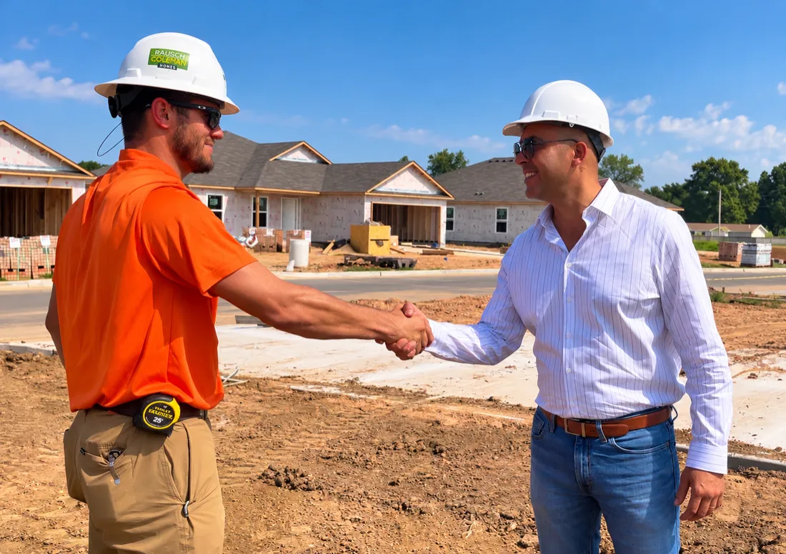 Alejandro Laurens saludando a un vendedor de una constructora en una obra de casas nuevas