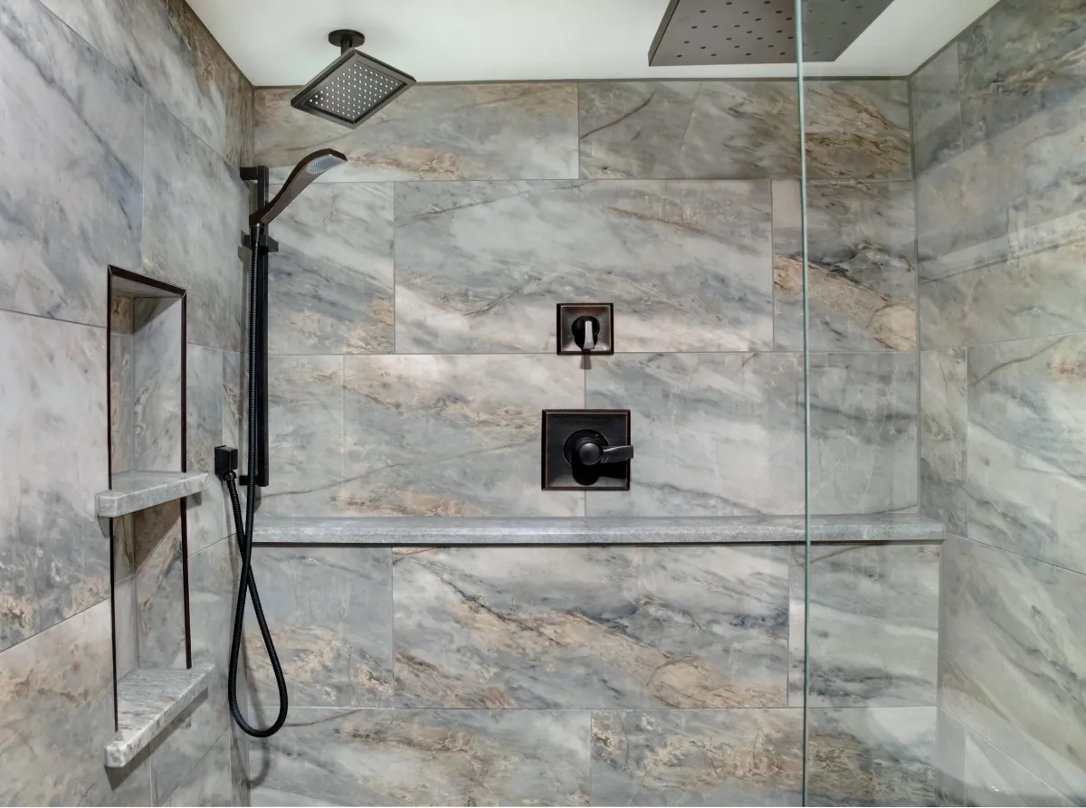 Caley Bathroom Remodel main photo — Luxury bathroom with freestanding tub, walk-in tile shower, marble counters, and double vanity.