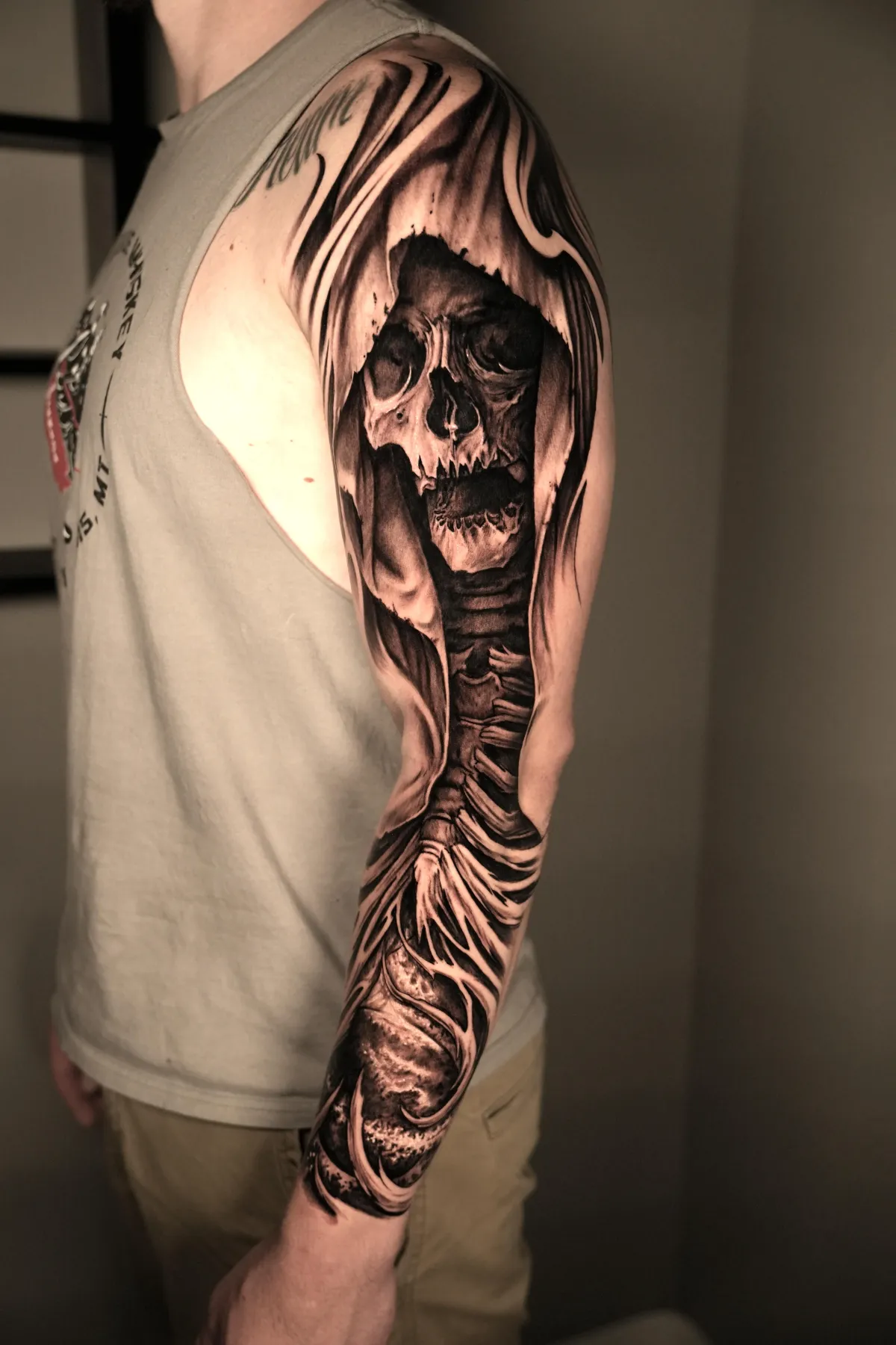 Black and gray tattoo sleeve by James Strickland in Missoula Montana