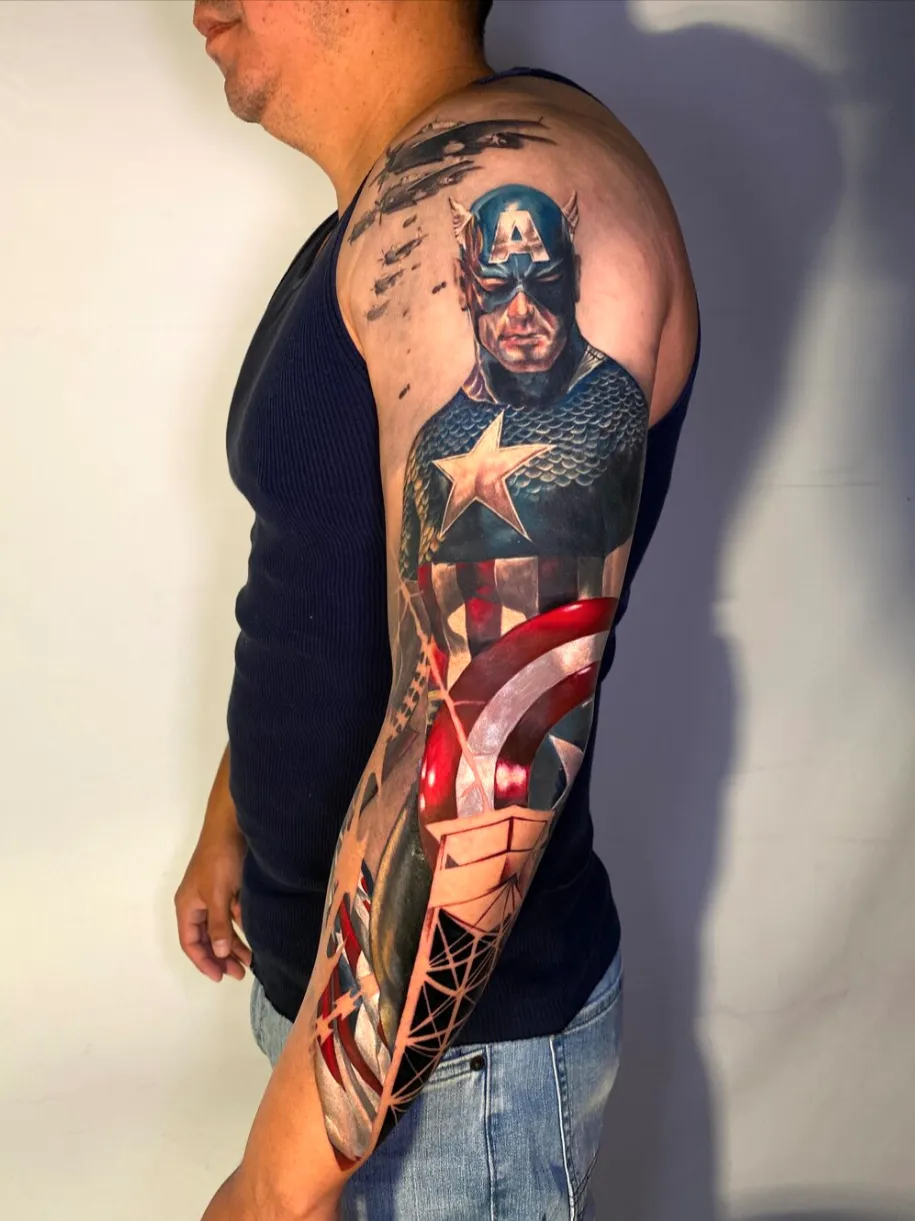 Color Captain America sleeve tattoo by Noelin Wheeler at Montana Tattoo Company in Missoula Montana