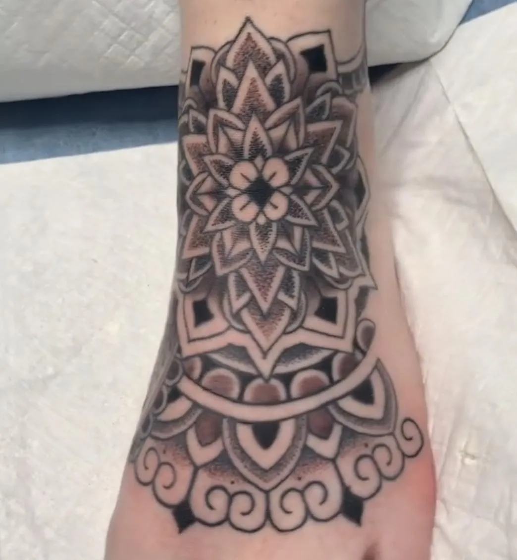 Geometric ornamental mandala tattoo by Nicole Miller at Montana Tattoo Company in Missoula Montana