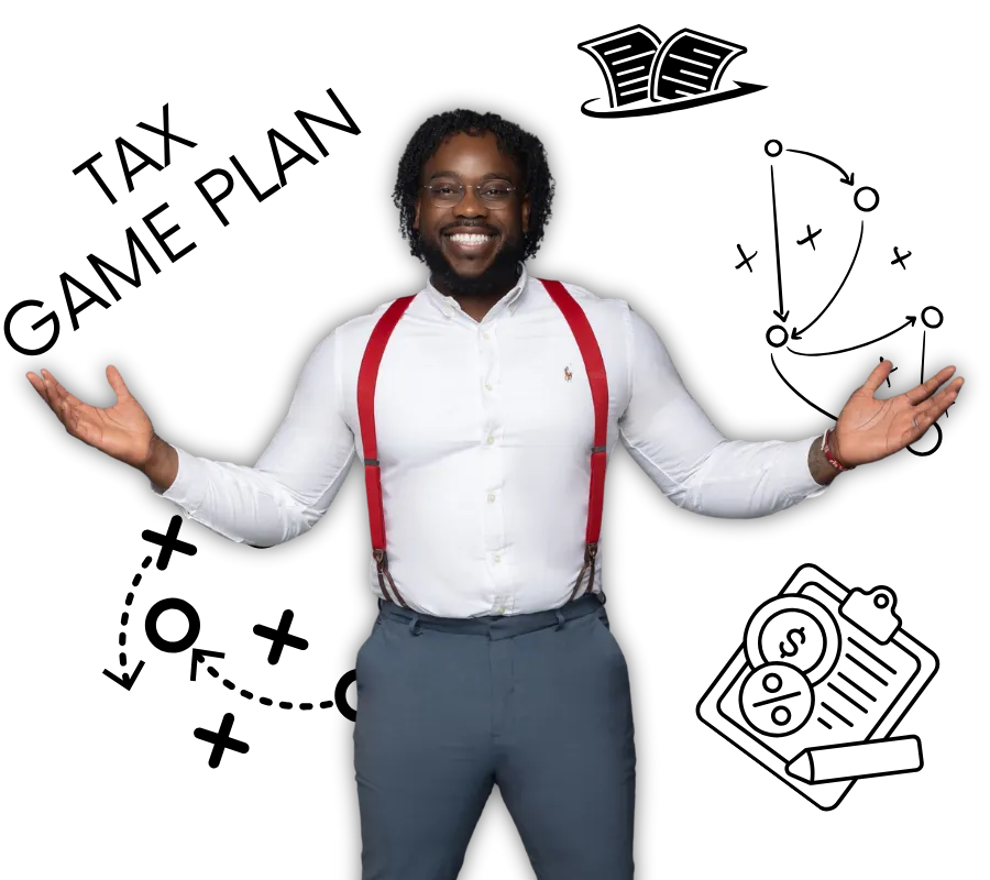 Corey G. Patterson in white shirt and red suspenders with arms open