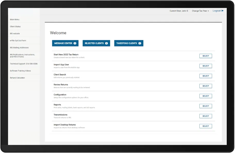 Tax software dashboard preview