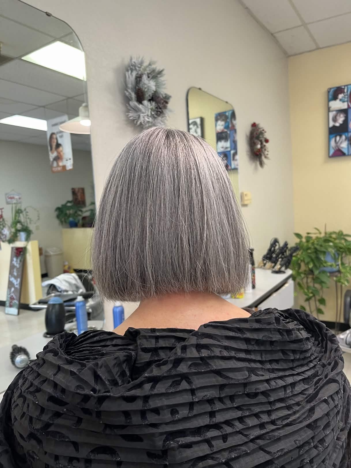 Silver blunt bob haircut by May Wong at Silver Star Salon in Sacramento