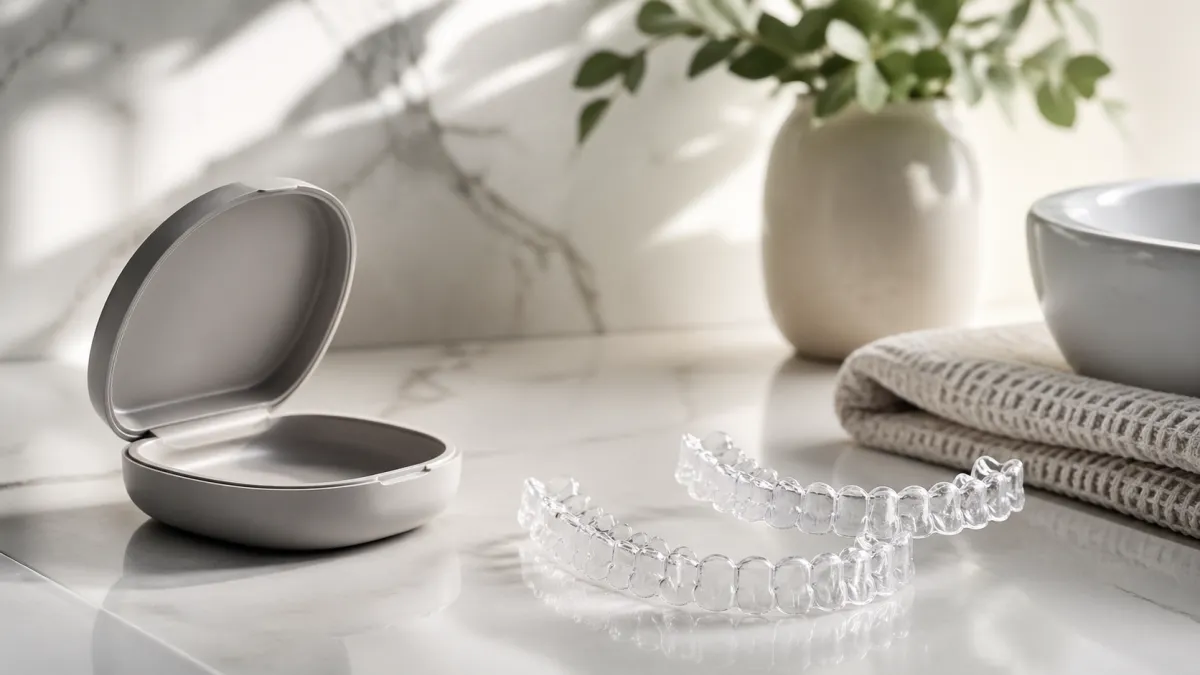 Clear aligners and retainer case on a bright bathroom counter