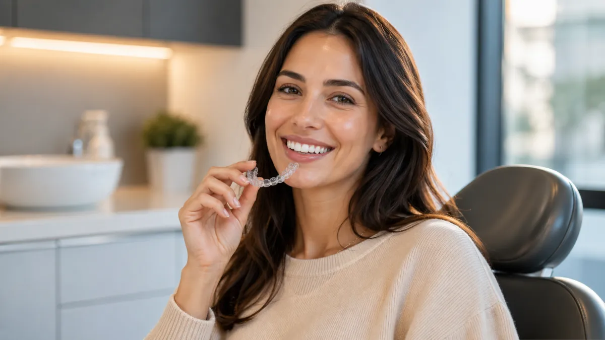 Patient smiling while holding a clear aligner
