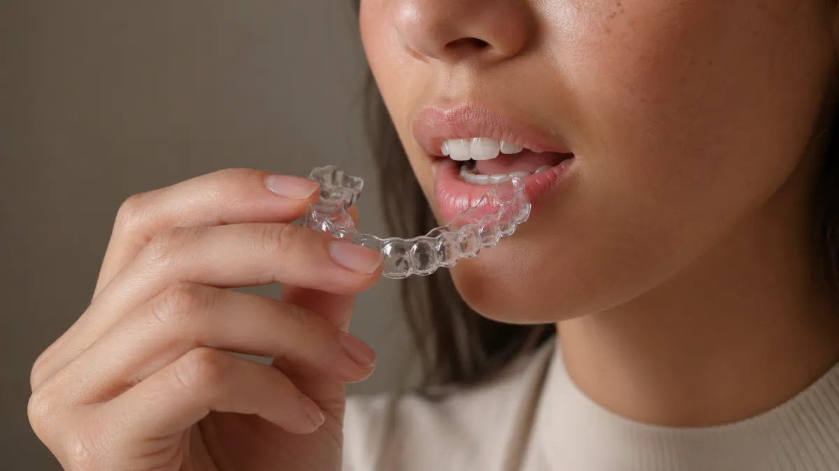 A patient holding a clear aligner