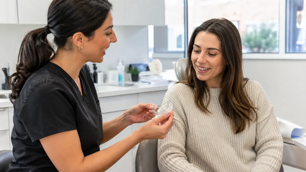Dental professional discussing clear aligners with a patient