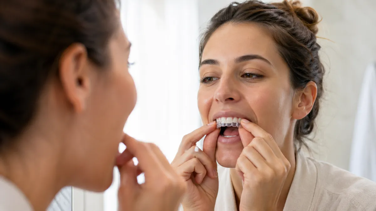 Patient placing Invisalign clear aligner