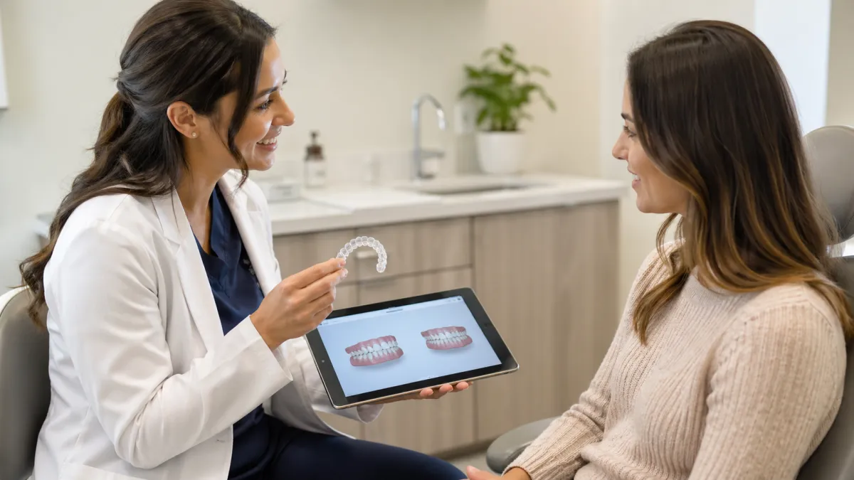 Patient discussing clear aligners during a dental consultation