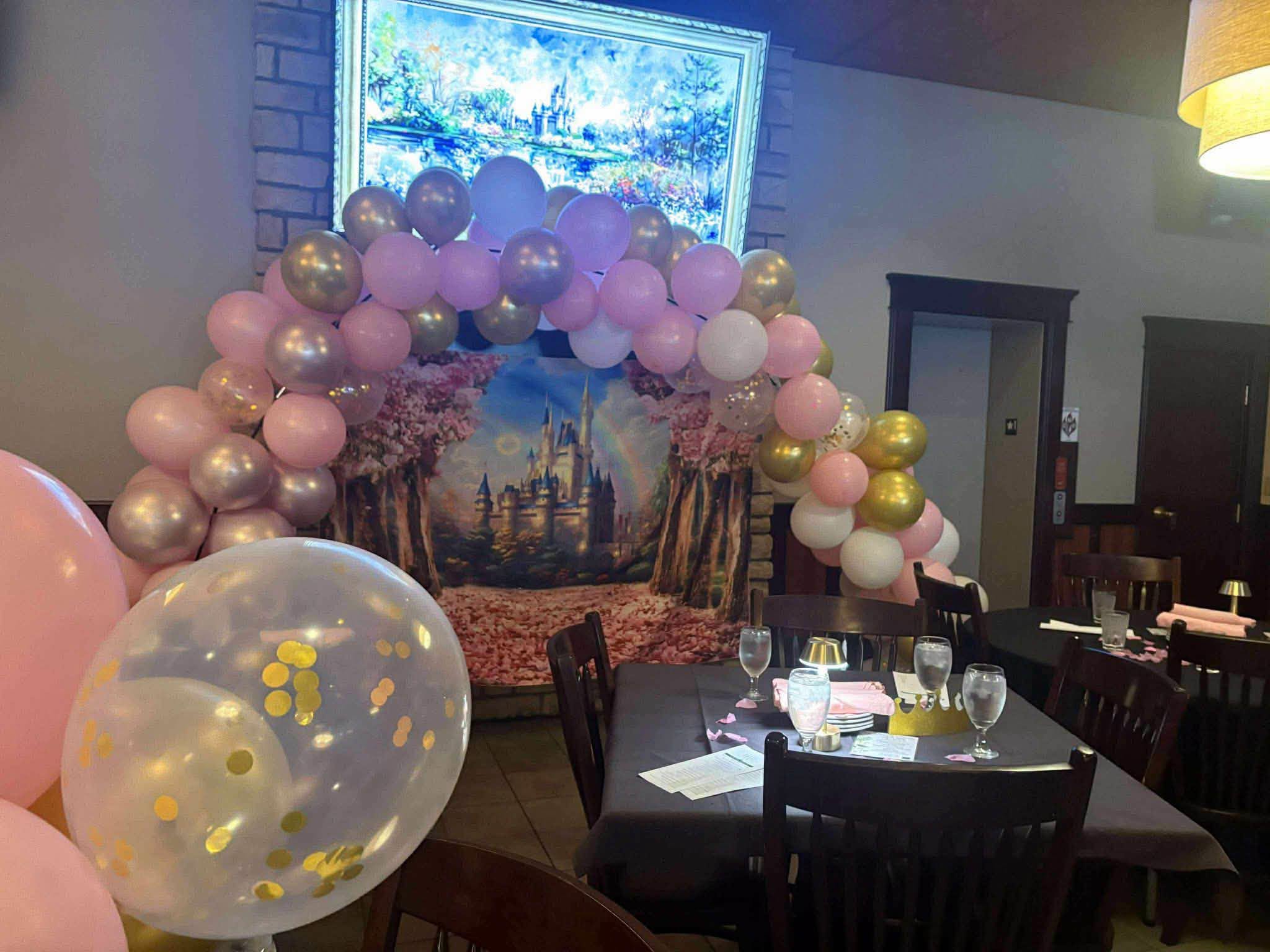 Decorated private event dining area at Basil 1791