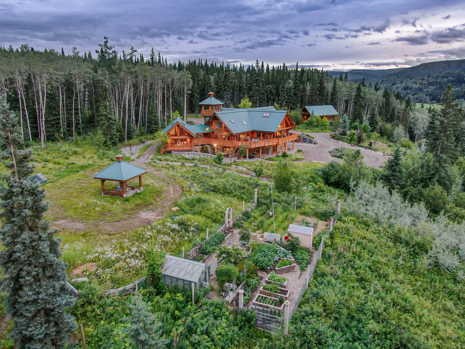 River House, River Cabin, gazebo and garden aerial