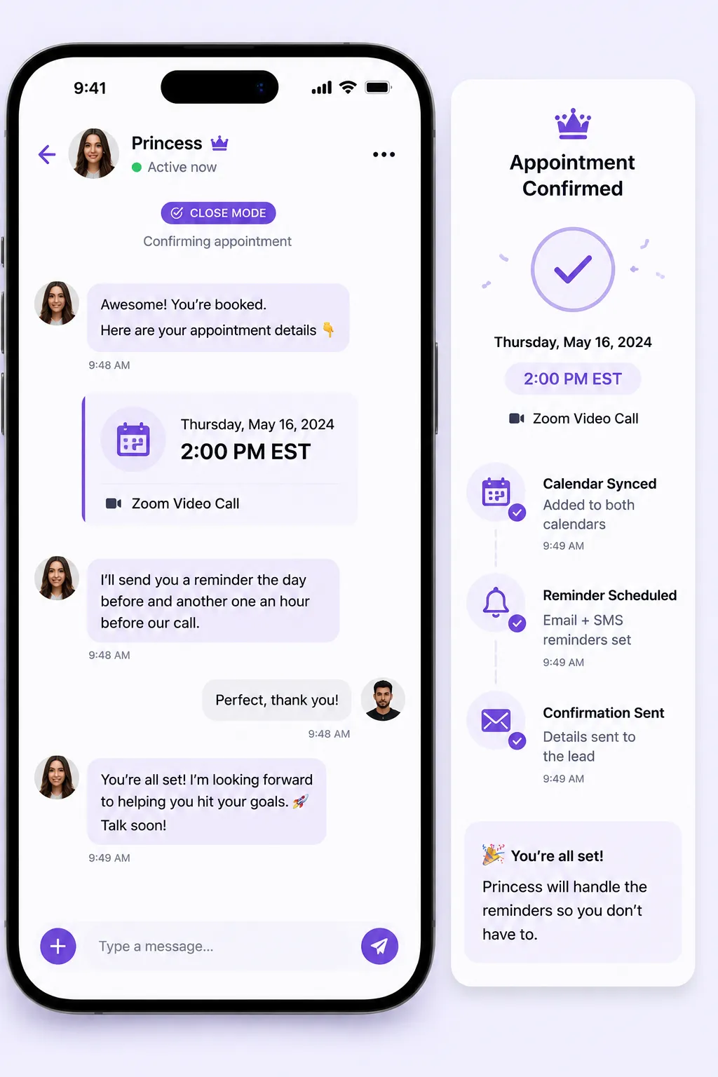 Princess AI booking an appointment and scheduling reminders