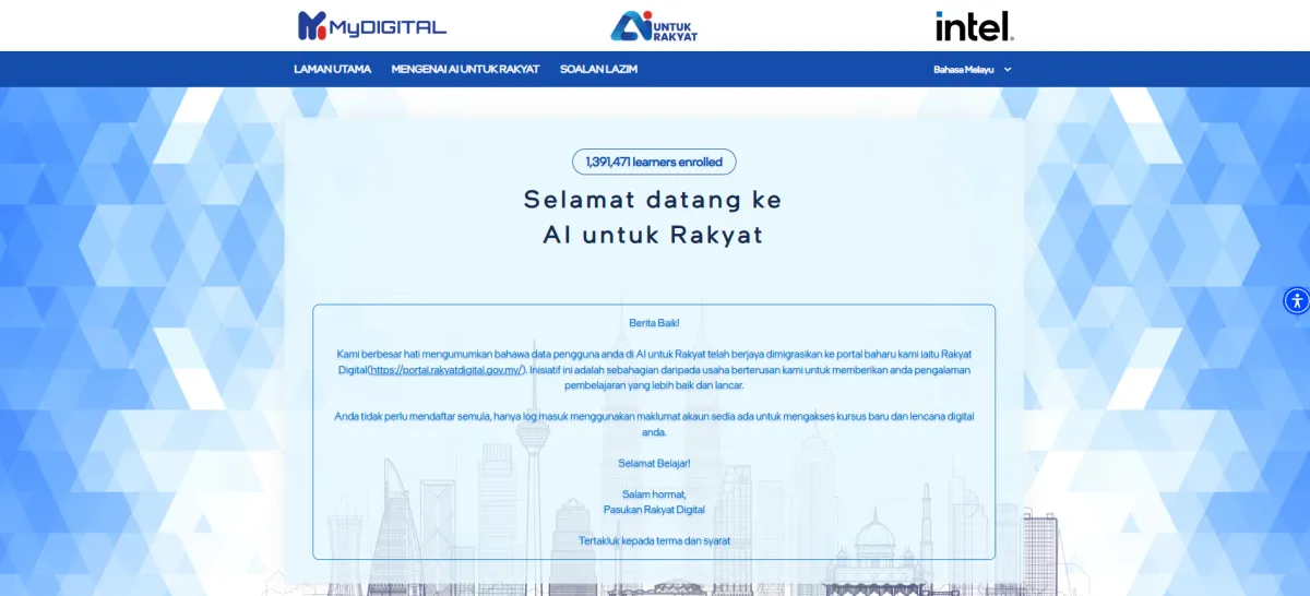 AI Untuk Rakyat portal migration notice directing users to Rakyat Digital
