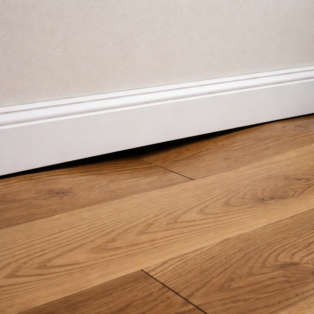 Uneven hardwood floor and baseboard gap in an older home