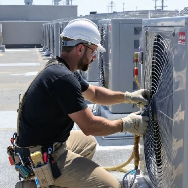 HVAC technician servicing an outdoor AC condenser