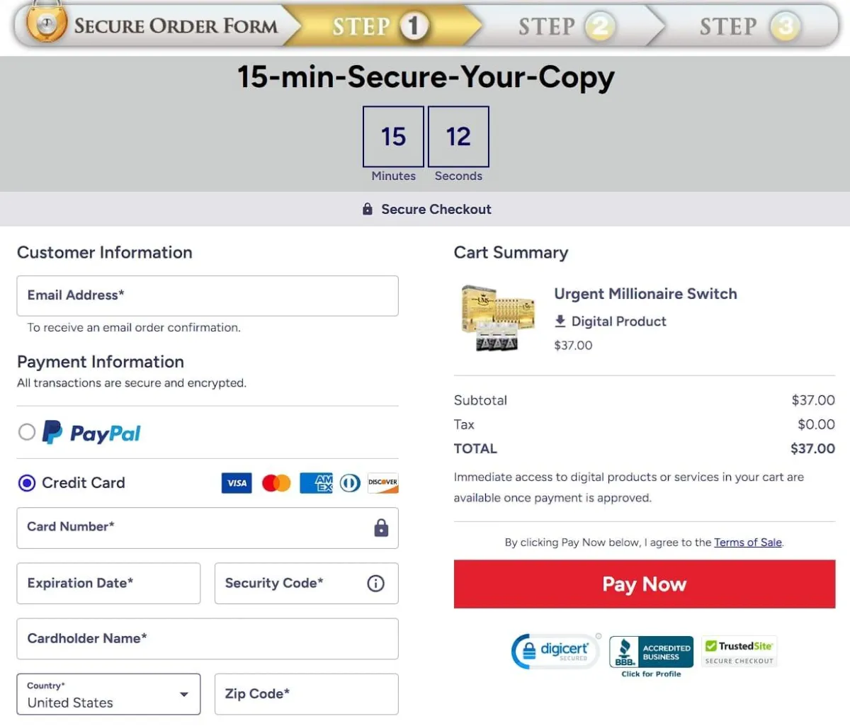Urgent Millionaire Switch $37 secure checkout example