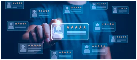 Digital customer feedback and social proof interface representing online app and marketing use cases