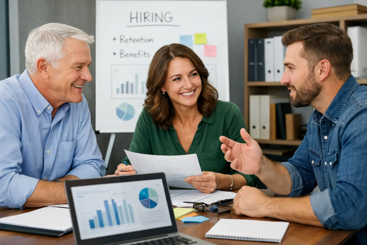 Indiana small business owners discussing employee benefits strategy, hiring, and retention