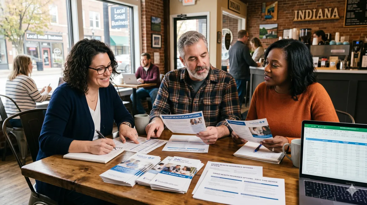 Indiana small business owners reviewing group health insurance options for the first time