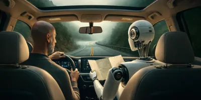 Man driving a car while a humanoid robot passenger reads a map, symbolising human-AI collaboration.