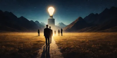 Business leaders walking toward a glowing lightbulb symbolising innovation and AI strategy.