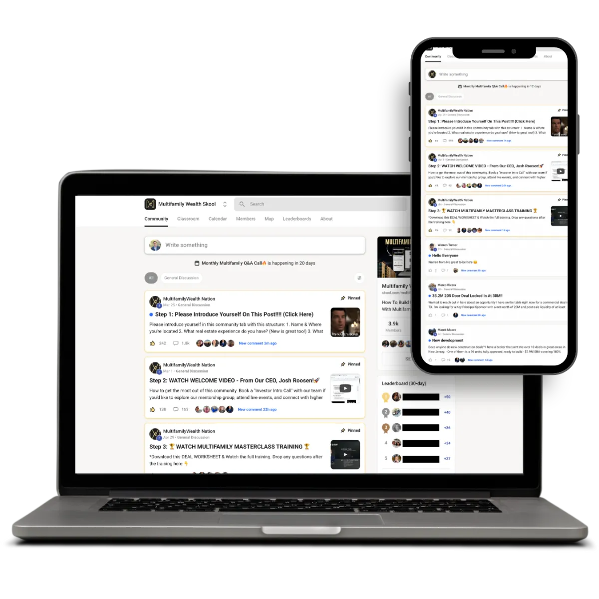 Multifamily Wealth Skool community on laptop and phone