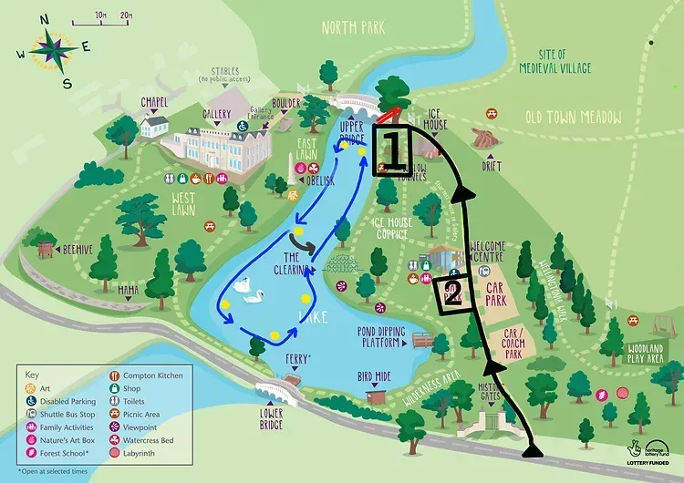 Map showing open water swimming access and swim loop at Compton Verney