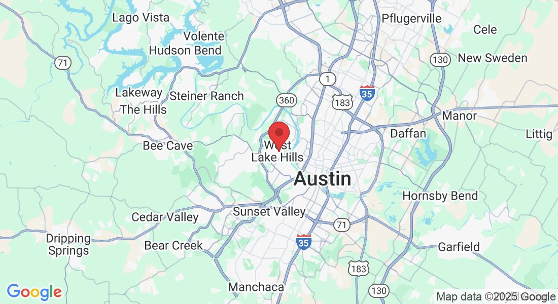 Hill Country K9 dog training service area map centered on Austin and West Lake Hills, Texas