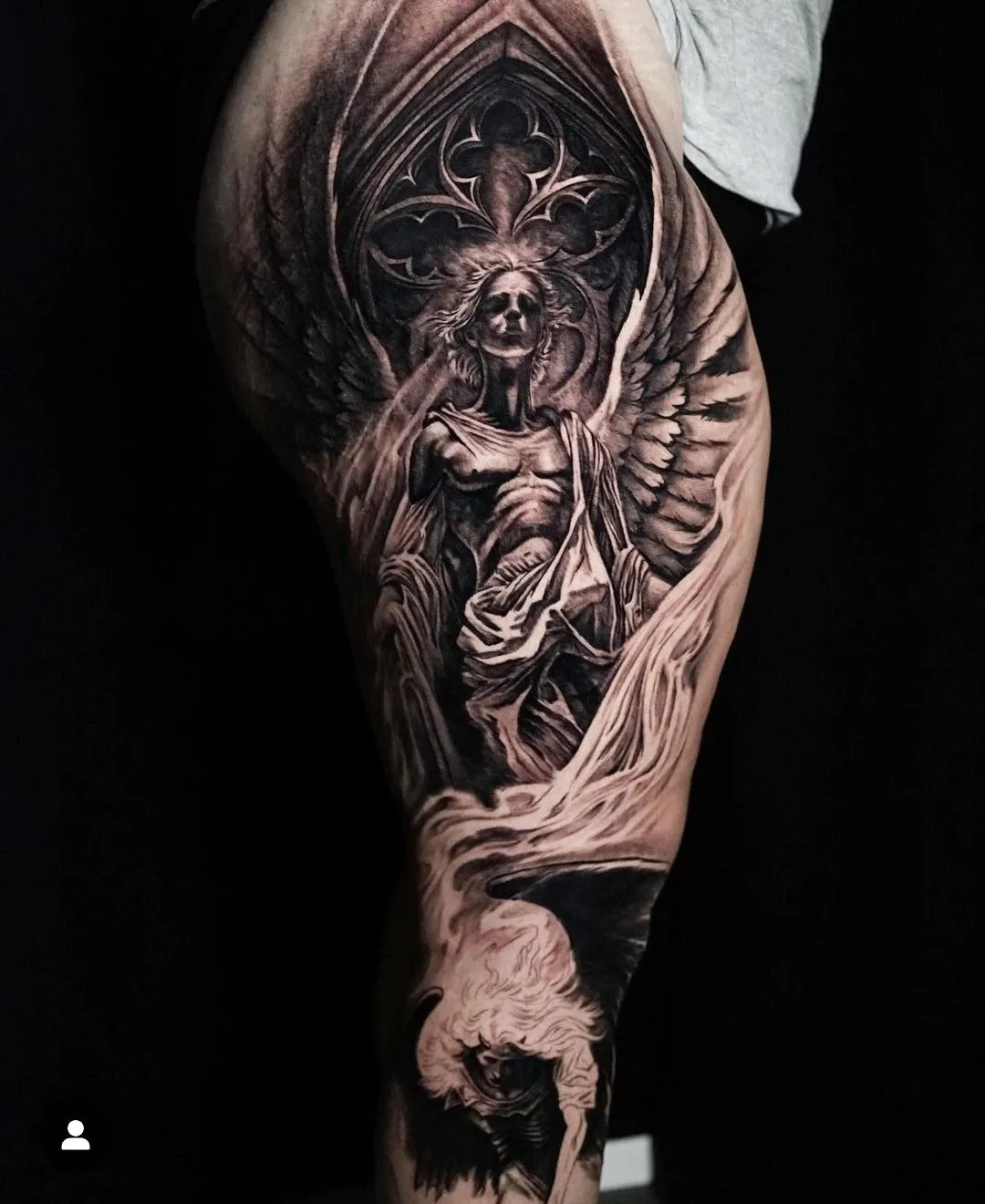 Black and grey dark angel sleeve tattoo with wings, gothic architecture and dramatic realism by James Strickland in Missoula Montana