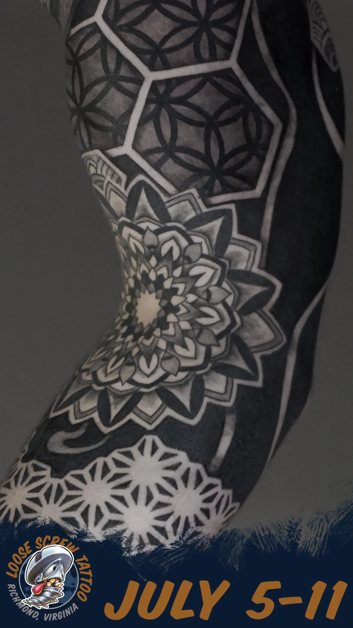 Geometric blackwork tattoo with mandala and flower of life pattern by Mickey Schlick