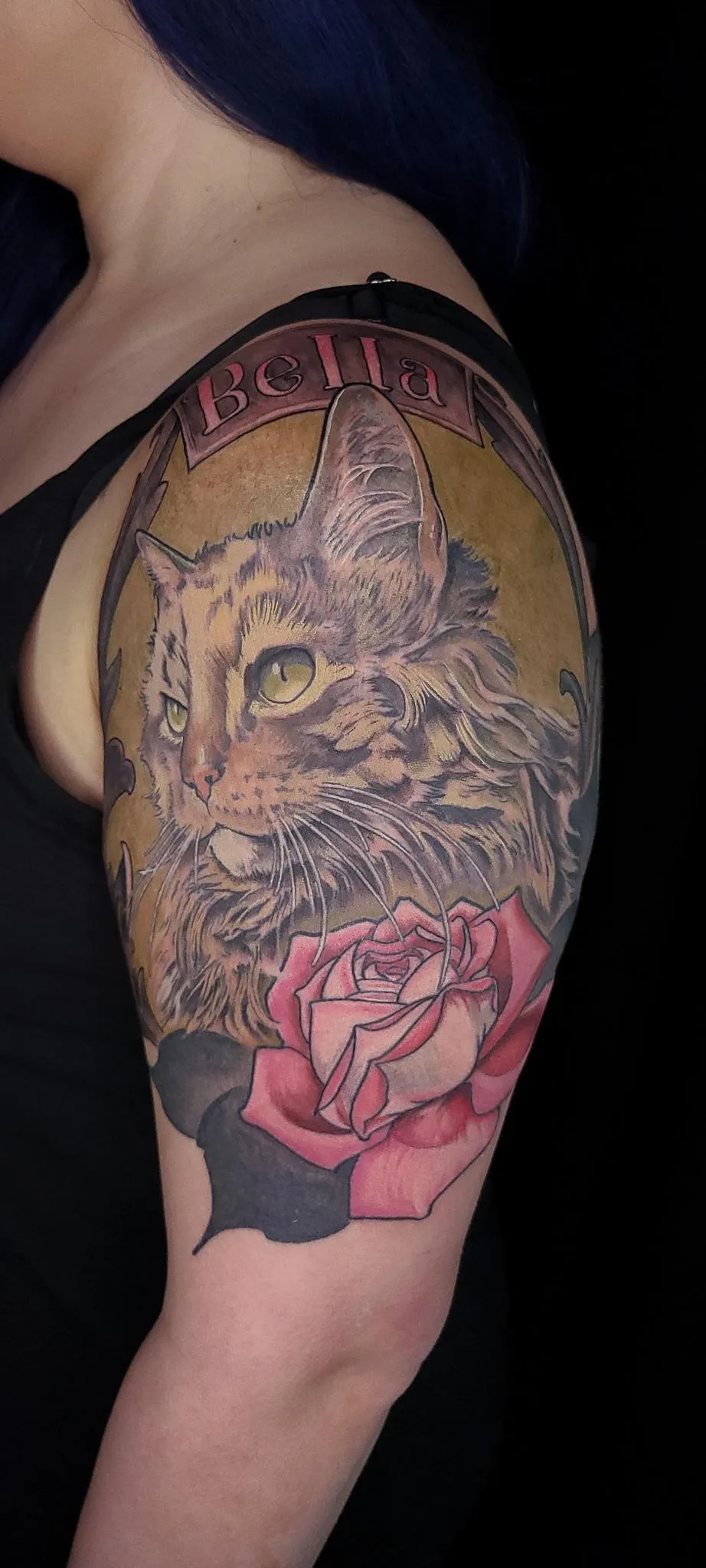 Color cat portrait and rose memorial tattoo by Mickey Schlick in Missoula Montana