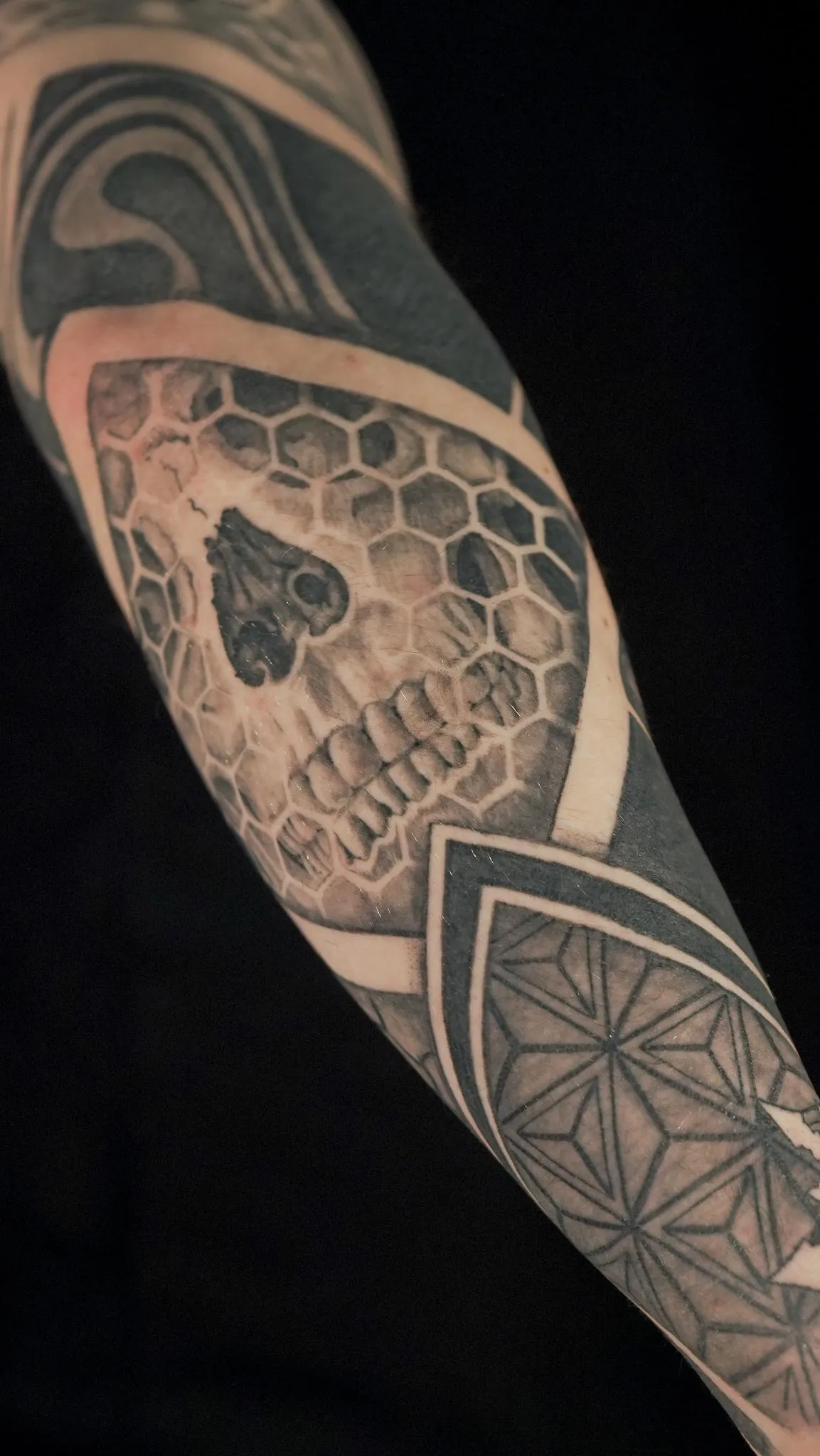 Black and grey geometric skull tattoo with honeycomb and angular pattern work by Mickey Schlick