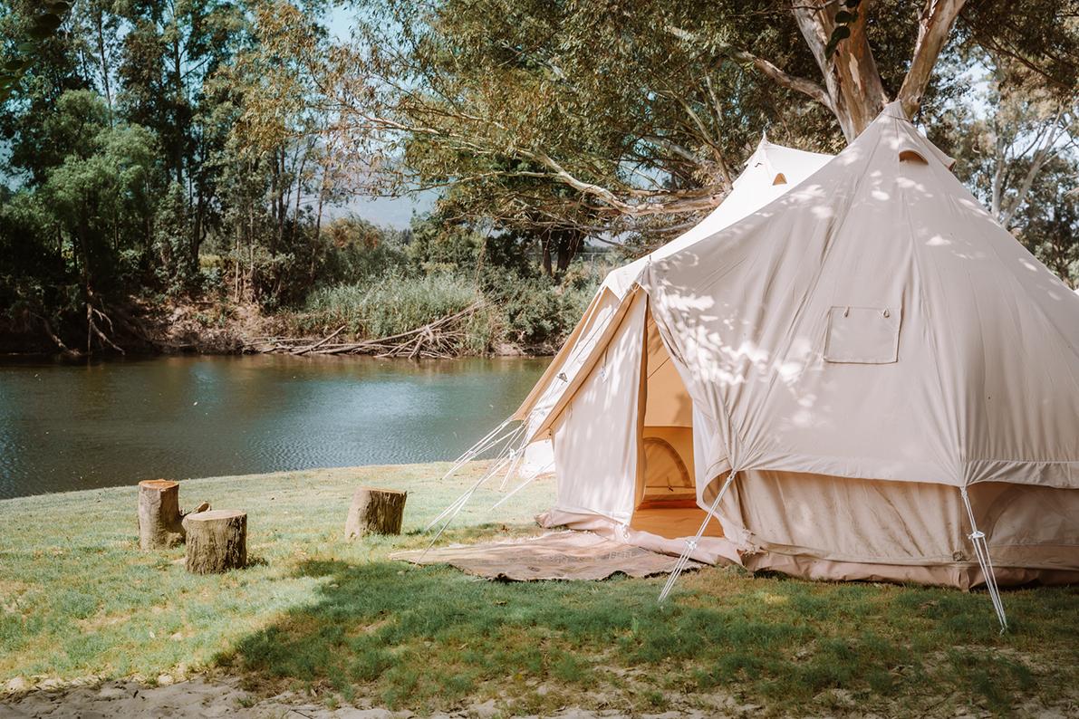 Canvas safari tent beside the Breede River at Worlds Apart.