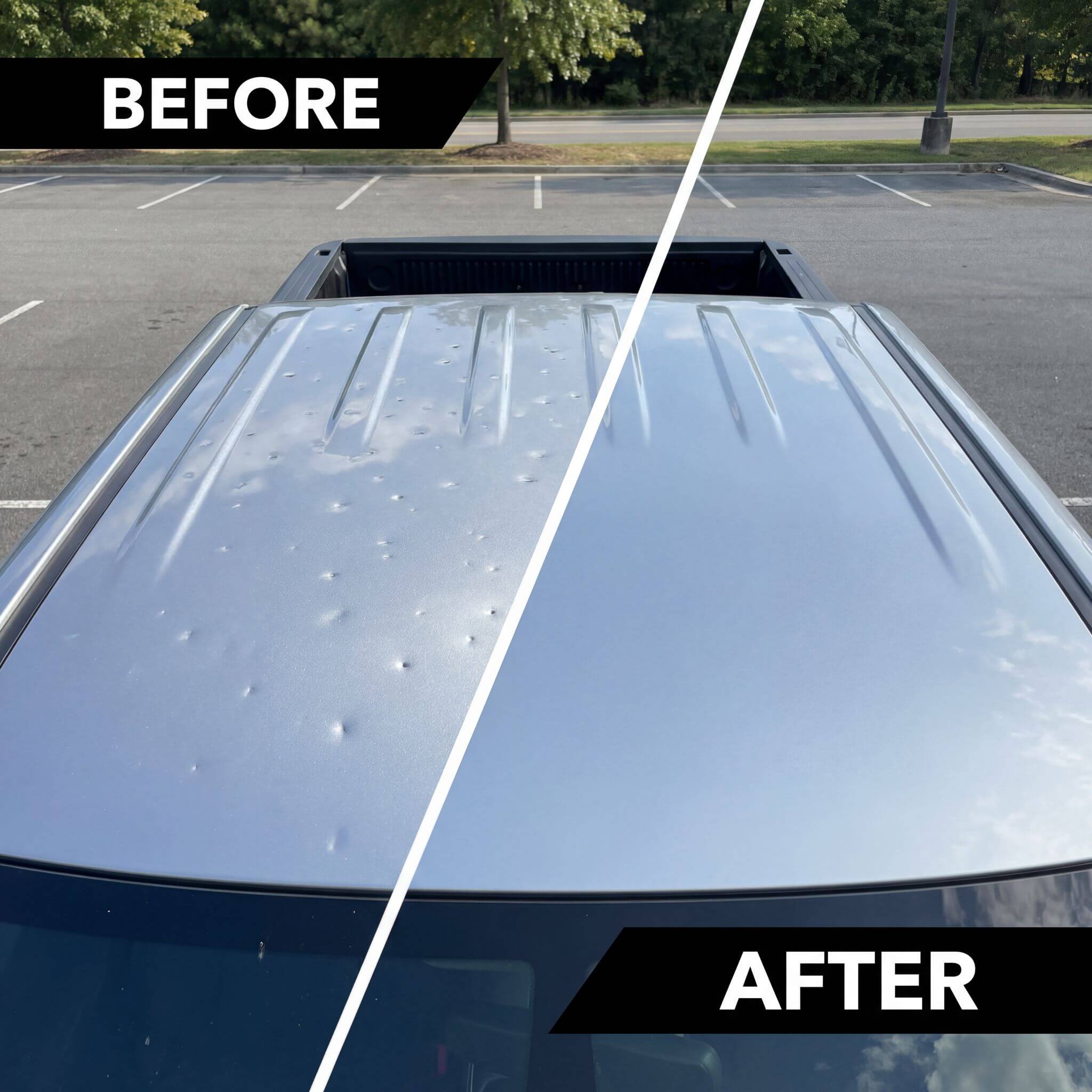Hail damage before and after on vehicle panel