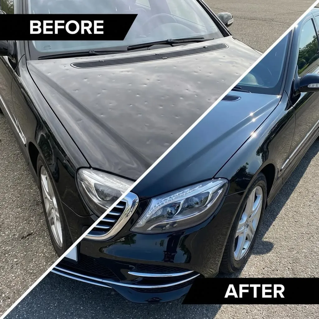 Before and after of dent repair on hood