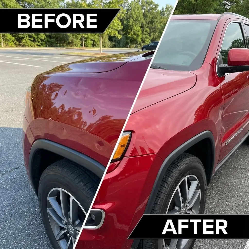 Dent repair before and after on vehicle fender