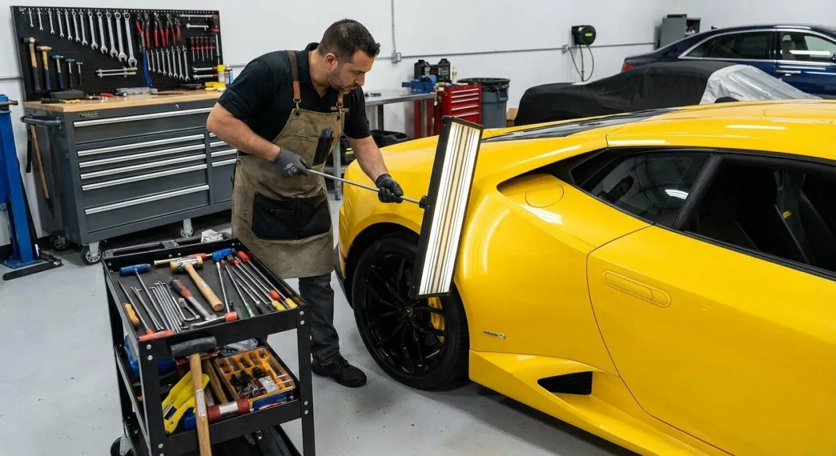 Technician performing paintless dent repair in shop