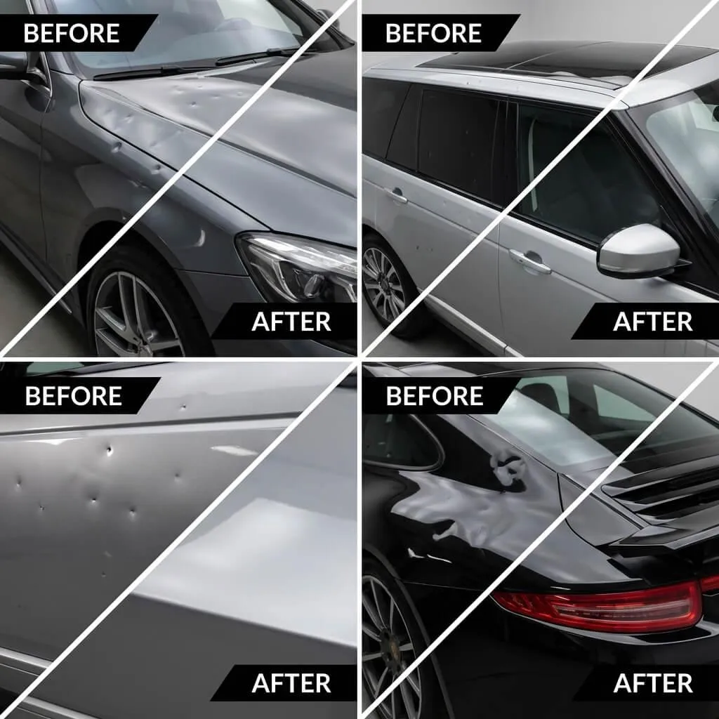Multiple before and after dent repairs on different panels