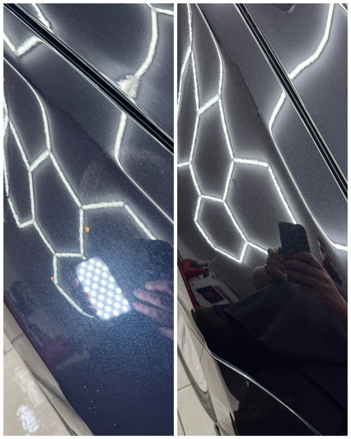 Før og etter lakkorrigering på mørk billakk hos Red X Detailing