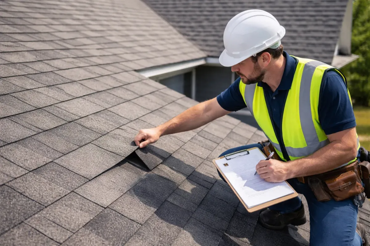 Roofing professional inspecting residential roof